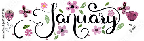 Hello January. JANUARY month vector with flowers and leaves. Decoration floral. Illustration month january