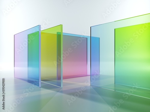 Fototapeta Naklejka Na Ścianę i Meble -  3d rendering, abstract modern minimal geometric background, translucent glass with colorful gradient, simple square shapes