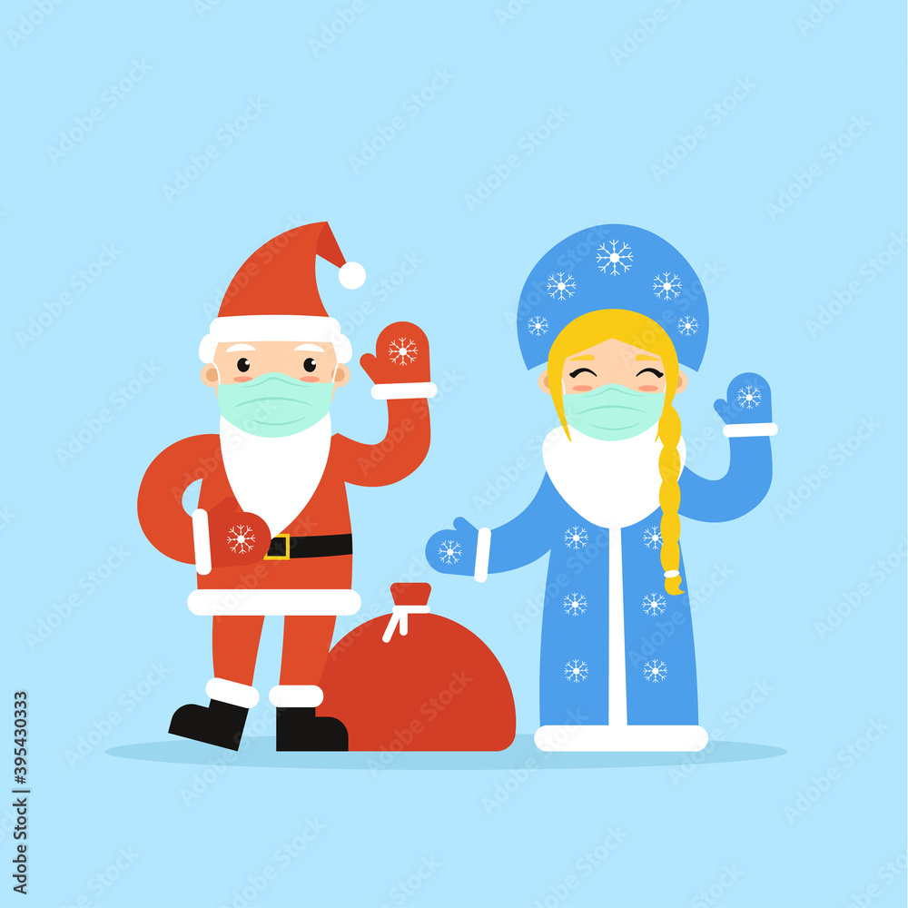 Russian flat characters Grandfather Frost Ded Moroz and granddaughter Snow Maiden Snegurochka in face masks waving hands, welcome. Xmas and New Year cute symbol isolated blue background.