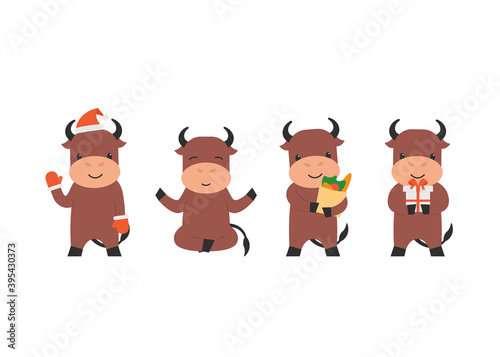 Happy cute character bull waving hoof, doing yoga pose, holds present gift and shopping bag. Flat vector cartoon illustration.