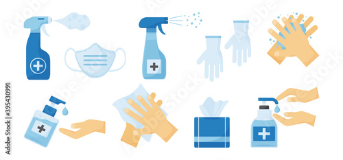 Disinfection vector. PPE icon. Hand hygiene. Set of hand sanitizer bottles, medical mask, washing gel, spray, wipes, liquid soap, gloves. Personal protective equipment.