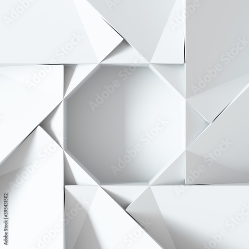 White 3d geometric background with center. Multifaceted banner. White enlarged abstraction. Background centrifuge simulating a chamber shutter or decorative frame. Background. 3d render