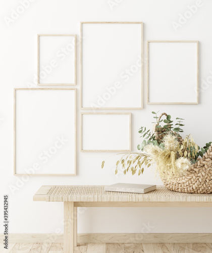 Mock up frame in home interior background, white room with natural wooden furniture, Scandi-Boho style, 3d render
