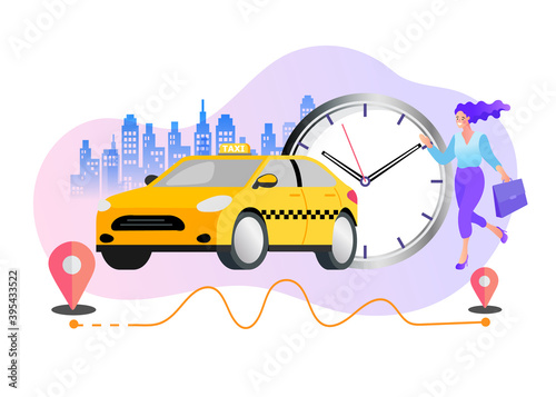 Online ordering taxi car, rent and sharing using service mobile application. Urban taxi service. Flat vector illustration.