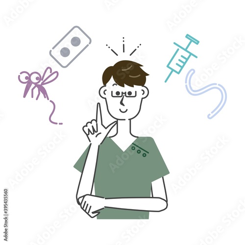 犬のフィラリアと予防接種について説明する獣医師の男性