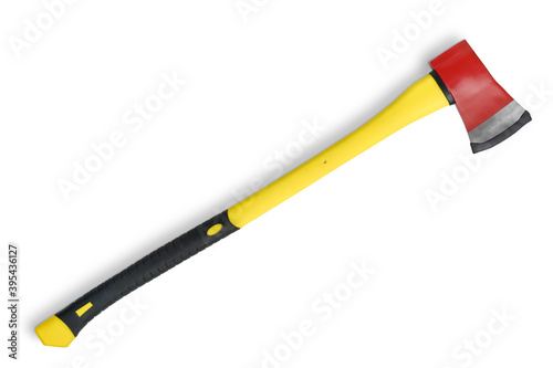 Large red axe with long yellow grip from fireman's toolbox isolated on white background. Top view