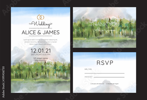 wedding invitations, watercolor mountains, forest and rivers.