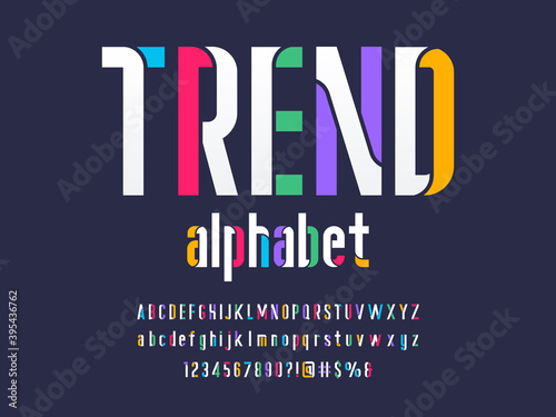 Modern stencil alphabet design with uppercase, lowercase, numbers and symbols