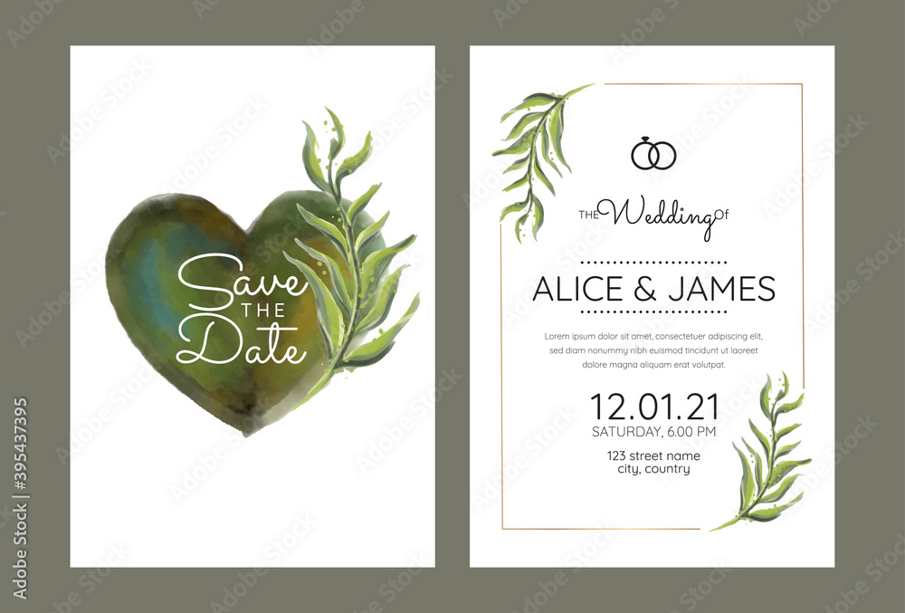 wedding invitation green leaves and watercolor heart