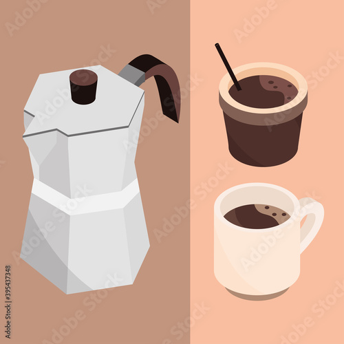 coffee cups and french press brewing isometric icon design