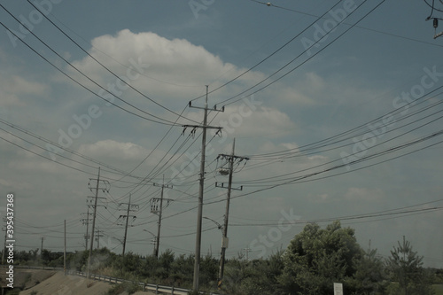Peaceful sky divided by electric wires