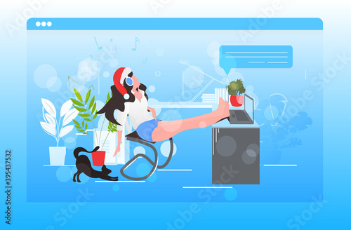 woman in santa hat listening to music girl relaxing at workplace happy new year merry christmas holidays celebration concept horizontal full length vector illustration