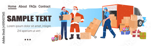 santa claus with couriers holding cardboard box new year christmas express delivery service concept horizontal full length vector illustration