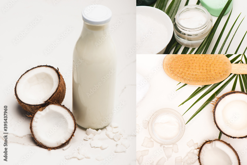 collage of coconut halves, milk and flakes, cosmetic cream and massage brush near palm leaves on white, stock image collage of coconut halves, milk and flakes, cosmetic cream and massage brush near palm leaves on white, stock image