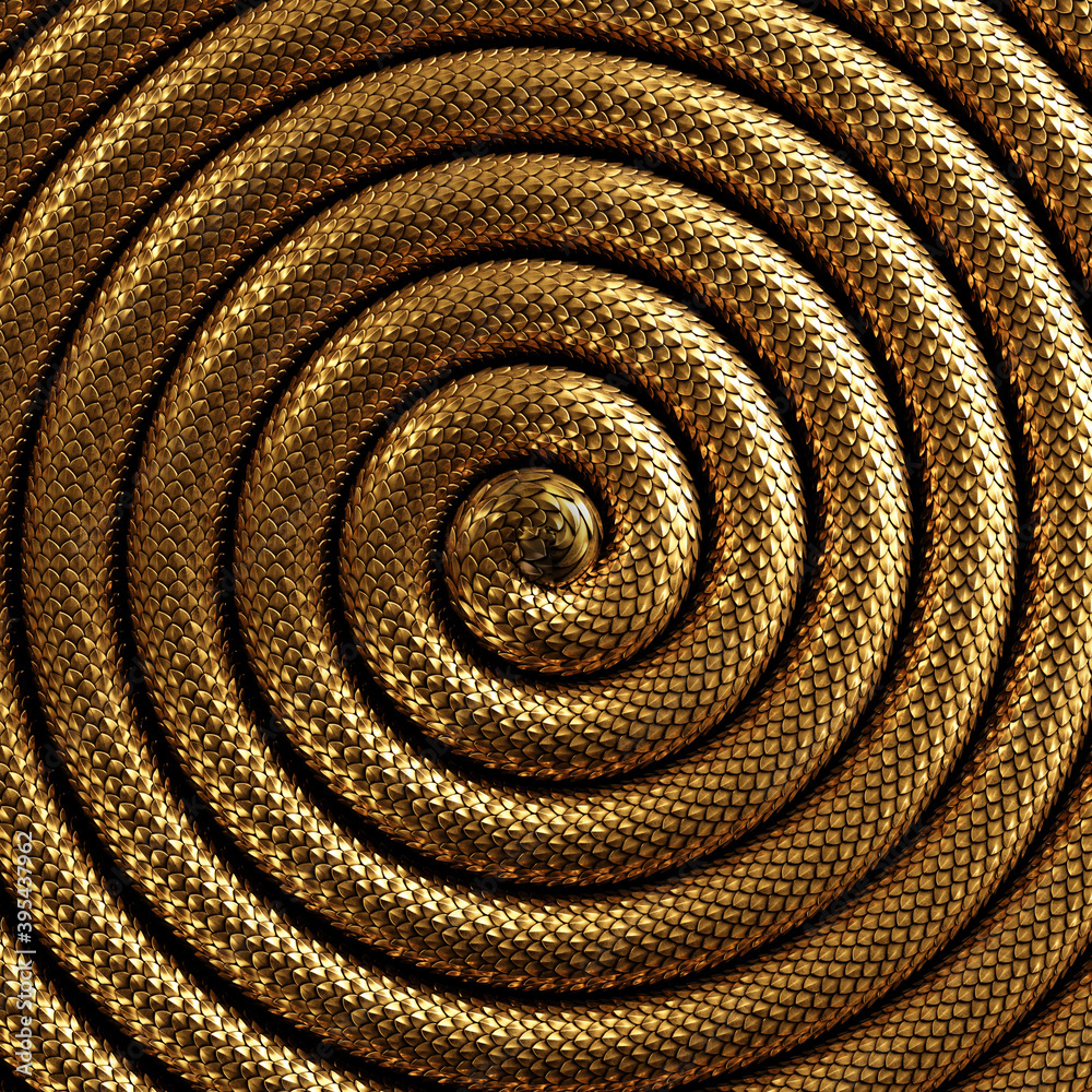 3d render, abstract spiral background with shiny golden snake skin texture 3d render, abstract spiral background with shiny golden snake skin texture