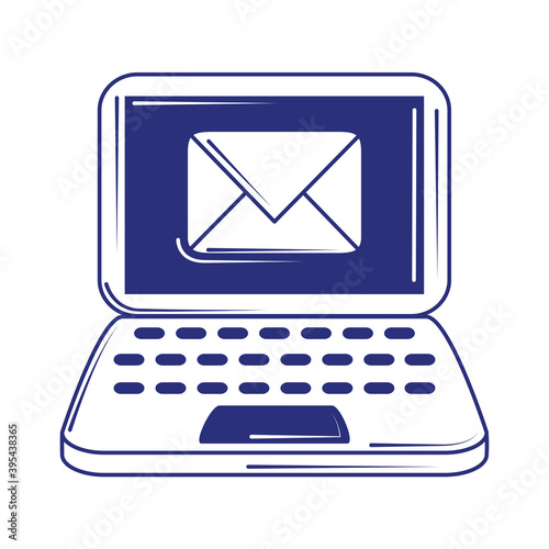 social media laptop and email blue line fill style