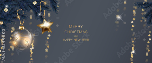 3D Christmas and happy holiday season greeting background. Gold, blue, red, white colors. Gift tags with gold glitter texture. Snowflakes and Christmas tree patterns.