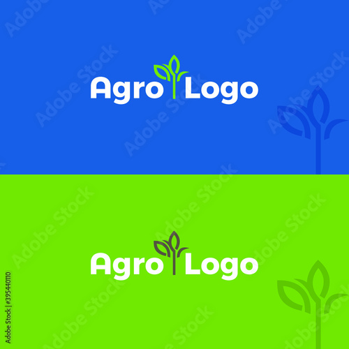 Agro logo design. Blue and green background. Agriculture vector. Farm, leaf concept.