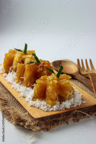 Sawut, Indonesian traditional snack made from steamed shredded cassava, palm sugar and grated coconut.