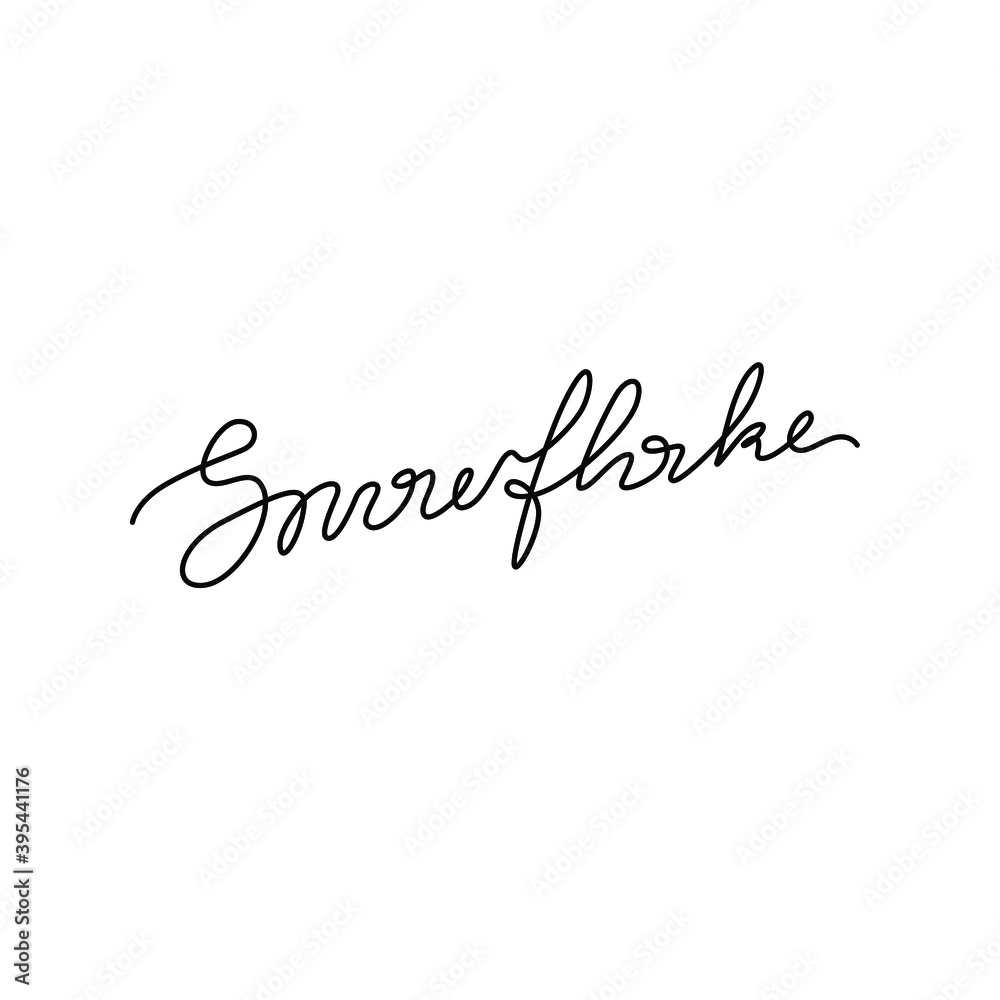 Snowflake inscription, continuous line drawing, hand lettering small tattoo, print for clothes, emblem or logo design, one single line on a white background. Isolated vector illustration.