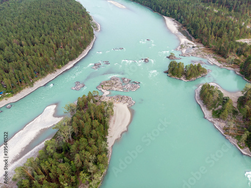 Aerial photo of the lake in the forests. Lake with small islands