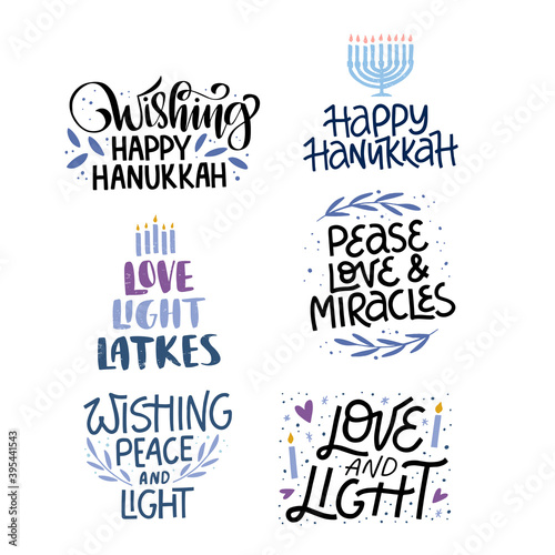 Hanukkah vector celebration typography. Traditional Jewish holiday phrases collection. Love, light, latkes quote. Chanukah wishes isolated on white. 