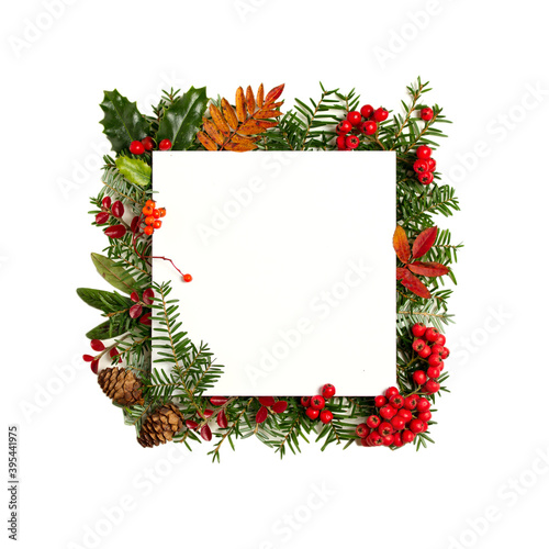 Fototapeta Naklejka Na Ścianę i Meble -  Christmas paper card note frame isolated on white background. Thanksgiving New Year winter autumn season concept
