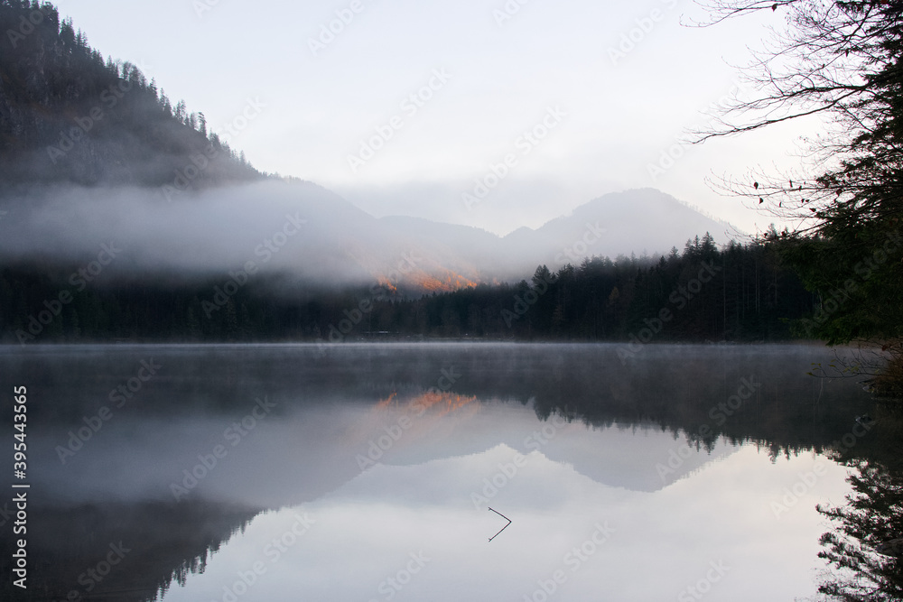 Fototapeta premium misty morning in the mountains, vorderer langbathsee in upper austria