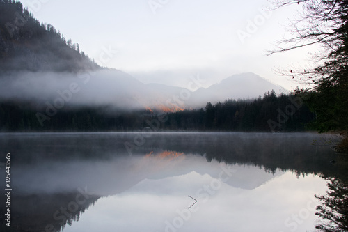 misty morning in the mountains, vorderer langbathsee in upper austria