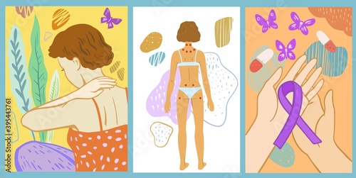 Set of vector illustrations about fibromyalgia. Symbol of fibromyalgia. Chronic pain and tender points. 