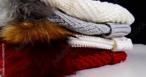 winter warm knitted hats multicolored close-up video 4k