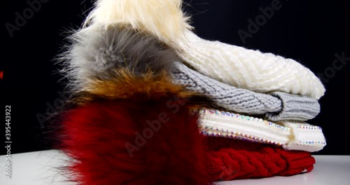 winter warm knitted hats multicolored close-up video 4k
