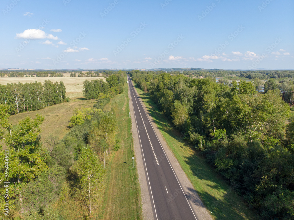 High angle view of a road trough the forest at the sunset with copy space