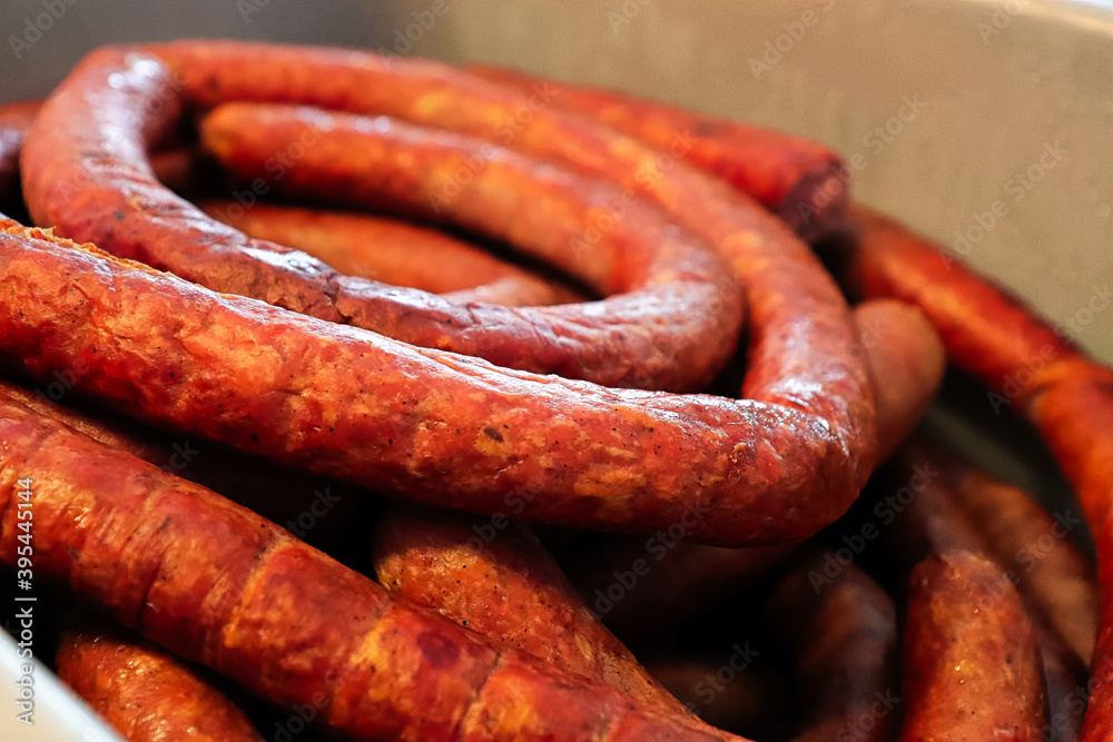 Closeup of finished Ukrainian Garlic Sausage after smoking Closeup of finished Ukrainian Garlic Sausage after smoking