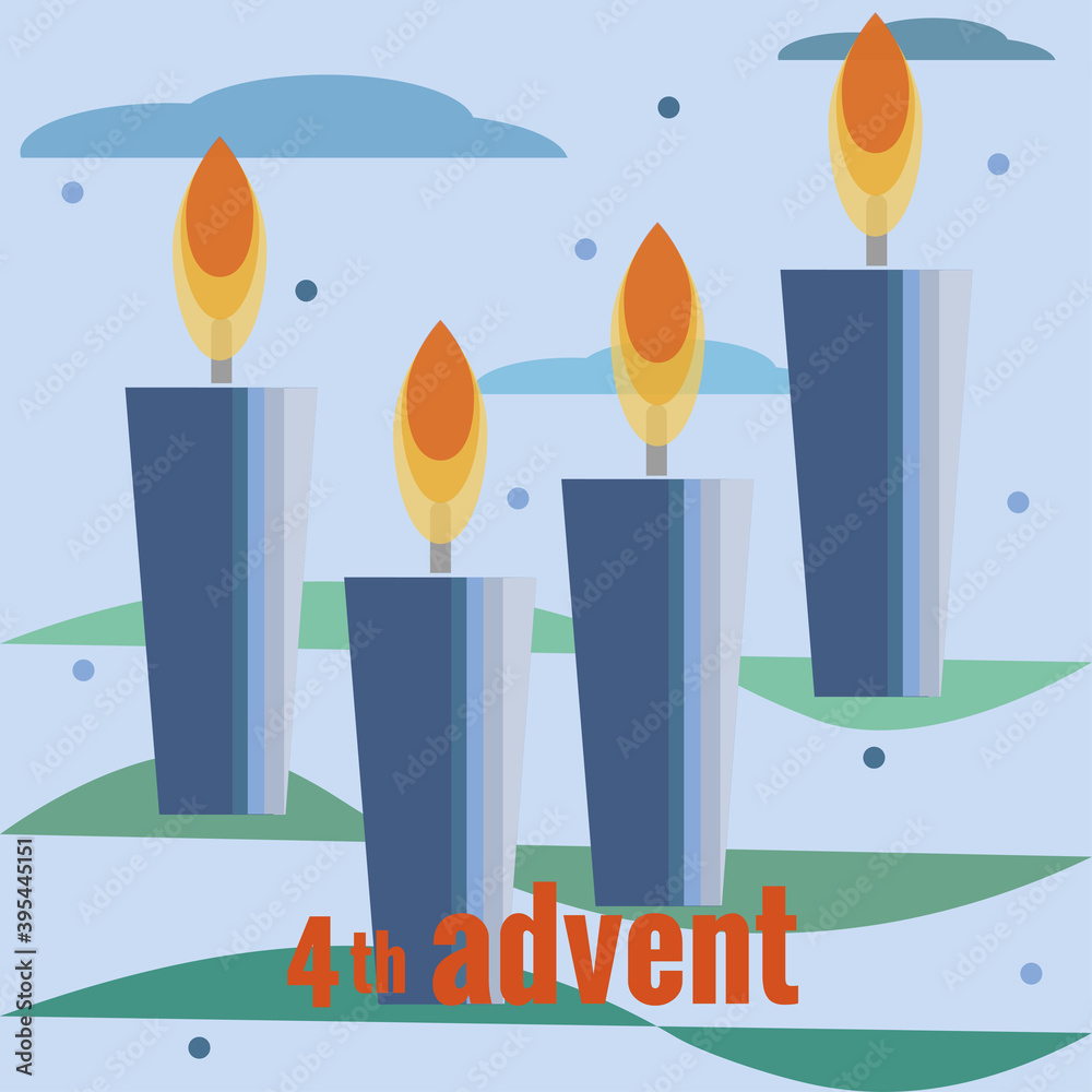 Fourth Sunday of Advent. Four candles, fourth lighted candles, snow, clouds, branches of Christmas tree. Vector illustration in flat style. Christmas countdown, for social networks, banners. Fourth Sunday of Advent. Four candles, fourth lighted candles, snow, clouds, branches of Christmas tree. Vector illustration in flat style. Christmas countdown, for social networks, banners.