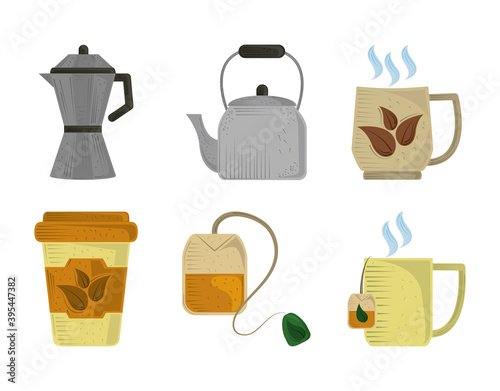 set icons of tea cups pots organic herbs and teabag