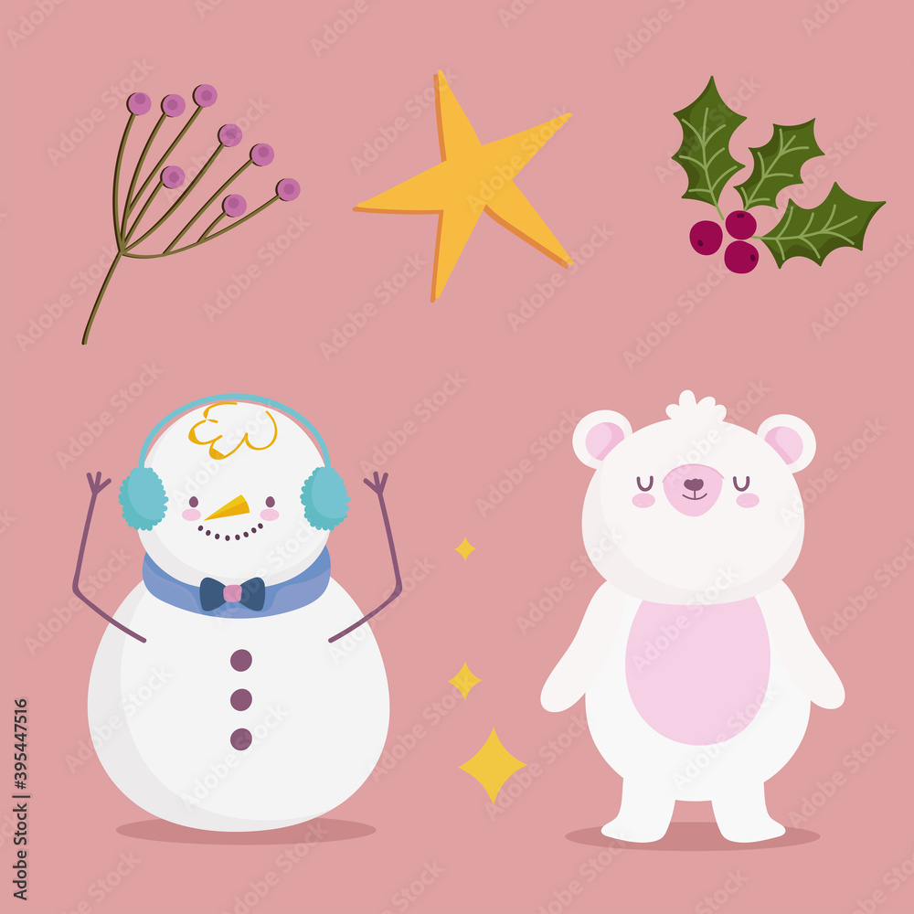 merry christmas, snowman bear holly berry and star icons design