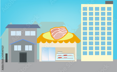 可愛いくてシンプルな町にある肉屋さんと街並みのイラスト