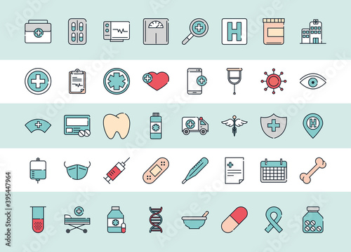 health medical equipment medicine icons pack line and fill