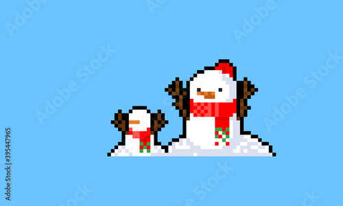 Pixel art cartoon  snowman character with mini snowman.