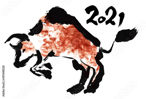 牛のの手描きの和風イラスト　筆書きの線画の力強いイラスト
タイトル変更