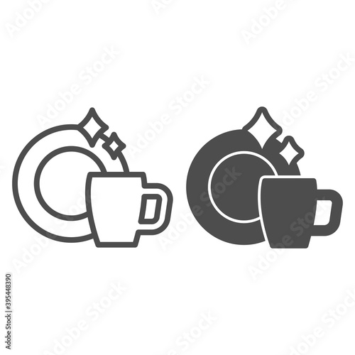 Clean plate and cup line and solid icon, Hygiene routine concept, Washed mug and dish sign on white background, Clean teacup and ceramic plate icon in outline style for mobile, web. Vector graphics.