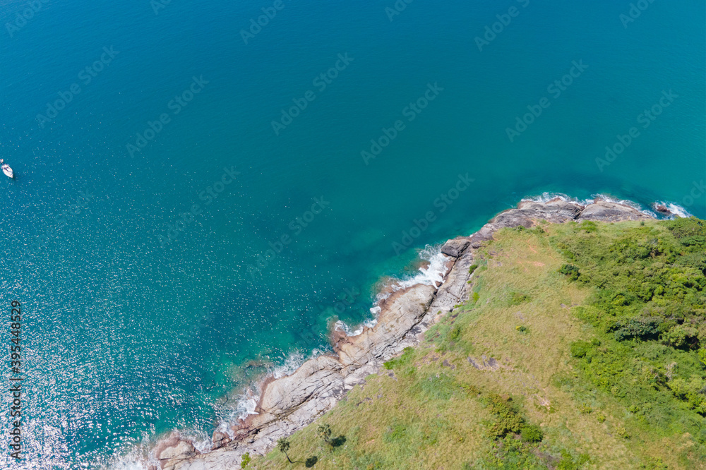 Aerial view of drone. Beaches and sea space area for text detail. on Khai Island, Phuket, Thailand, Seawater clear and blue green. Nature in Khai Island. At Khai island, Phuket, Thailand.