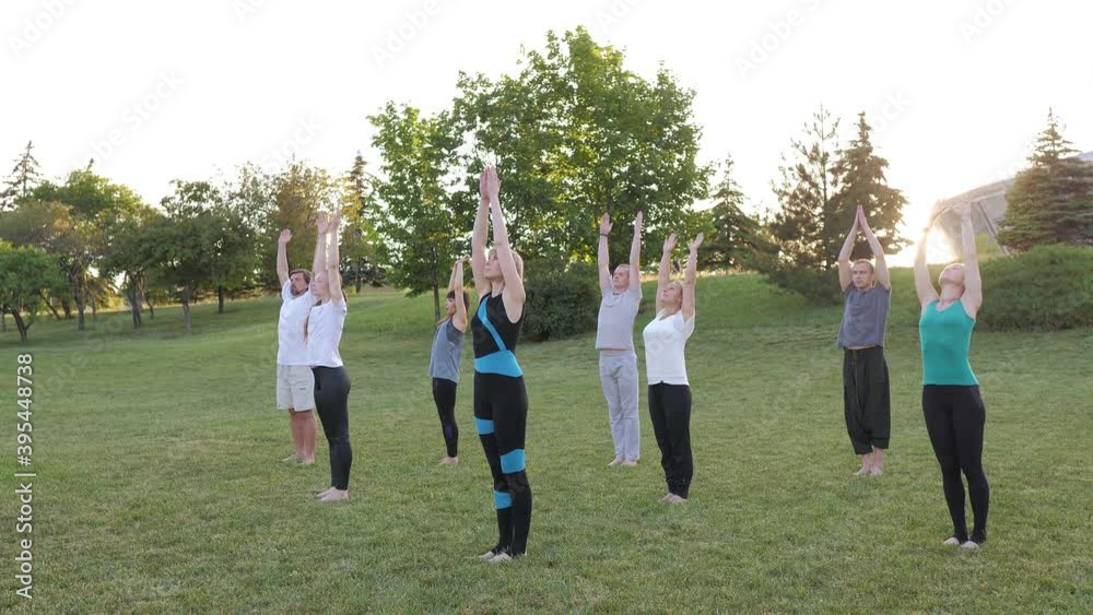 A group of people do yoga in the Park at sunset. Healthy lifestyle, meditation and Wellness A group of people do yoga in the Park at sunset. Healthy lifestyle, meditation and Wellness