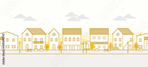 Horizontal seamless of retro house in autumn with mountain background, outline cartoon
