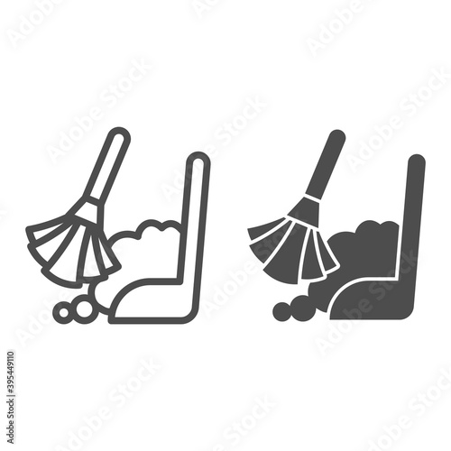 Broom and scoop line and solid icon, Hygiene routine concept, Cleaning supplies sign on white background, Garbage, dustpan and brush icon in outline style for mobile and web design. Vector graphics.