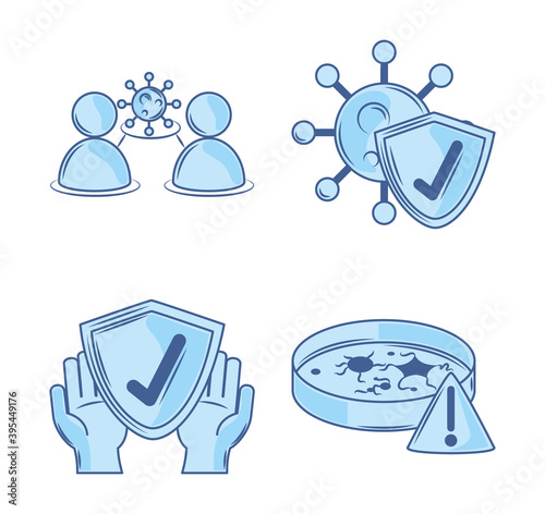 covid 19 coronavirus investigation, social distance protection and prevention icons blue
