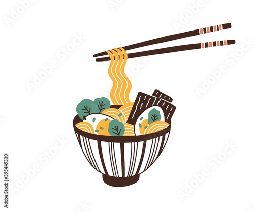 Bowl of traditional asian noodle soup. Ramen with eggs and greens. Noodles ha...