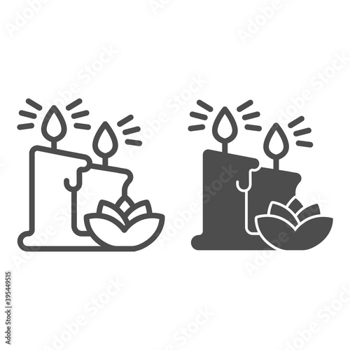 Wax candles and lotus flower line and solid icon, Hygiene routine concept, elements of cosmetology and beauty salon sign on white background, two candles and flower icon in outline. Vector graphics.