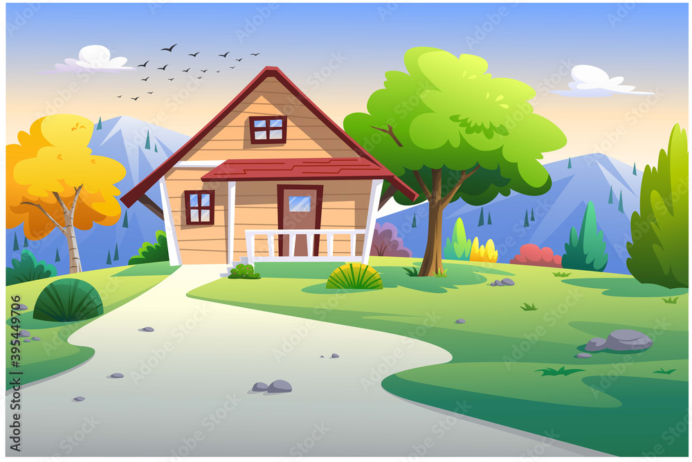 Vector illustration houses trees and mountains is very beautiful.